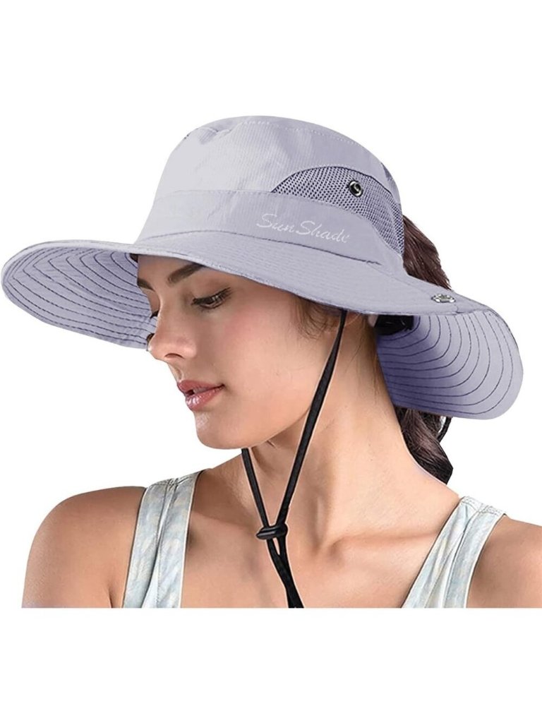 Women's Grey 100% Polyester Wide Brim Mesh Uv Protection Chin Strap Cowboy Hat